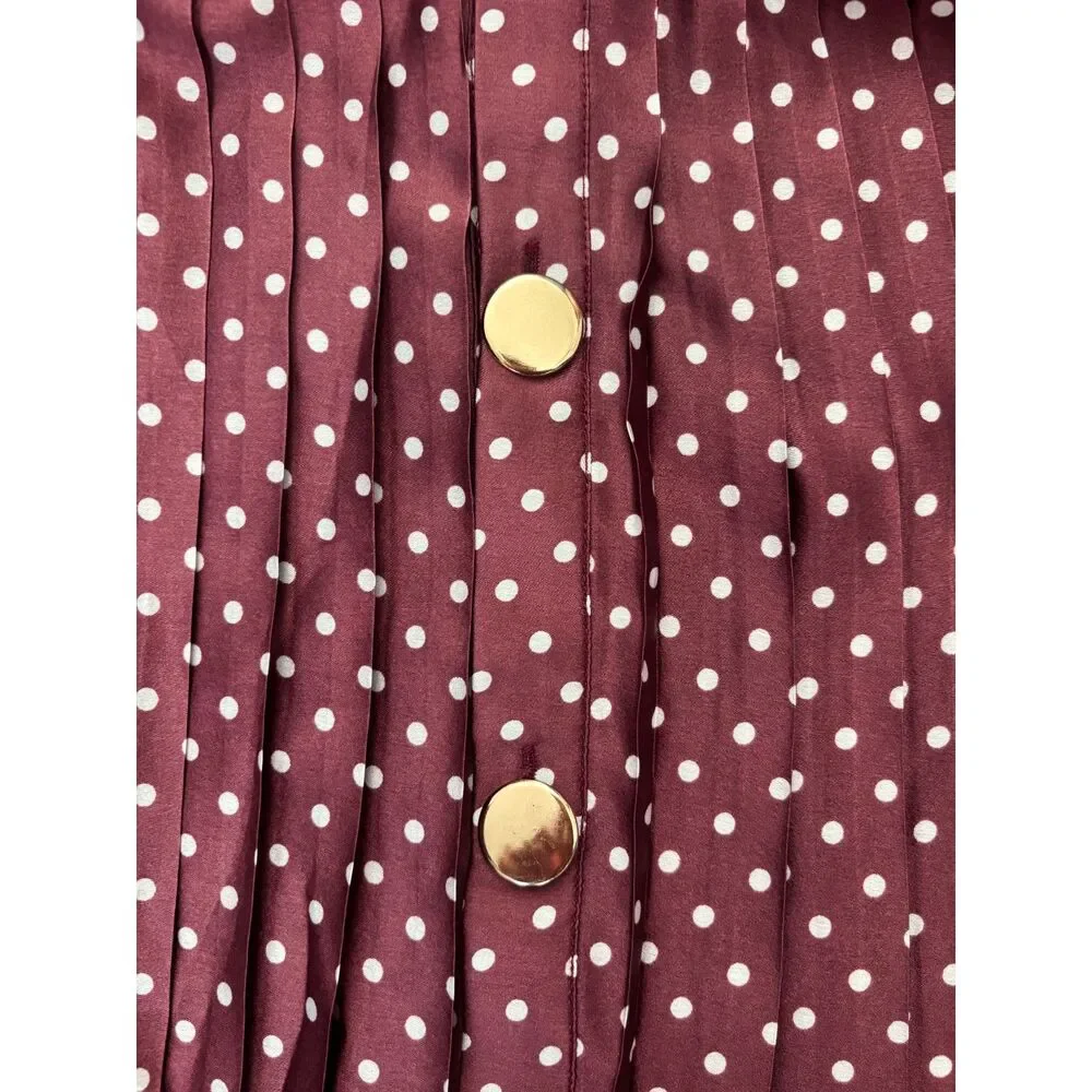 Zara Polka Dot Pleated Midi Skirt Burgundy Wine Button Front Large NWT